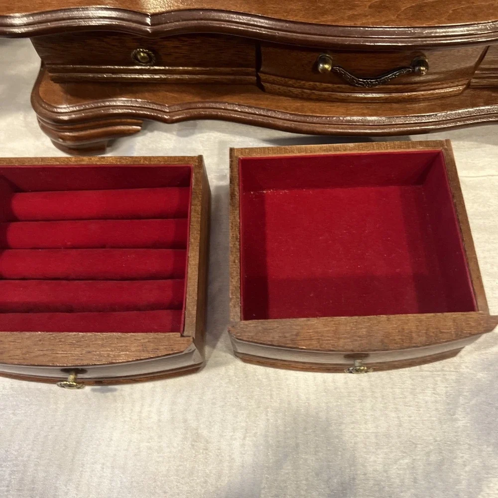 Vintage XL Wooden Jewelry Box Floral Glass Doors Mirror 6 Drawer Chest 16.5x16.5
